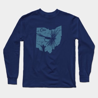 Fly Fishing Ohio State Map Distressed Blue Long Sleeve T-Shirt